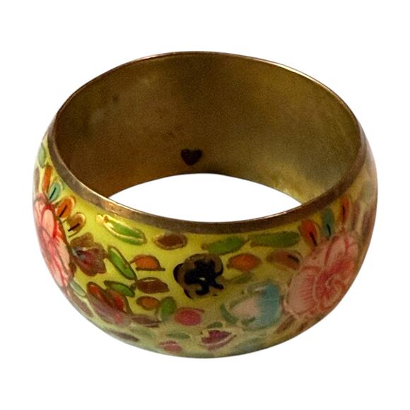 Vintage Bohemian Bangle Brass Green Pink Blue Floral Enamel Bracelet - Picture 4 of 6